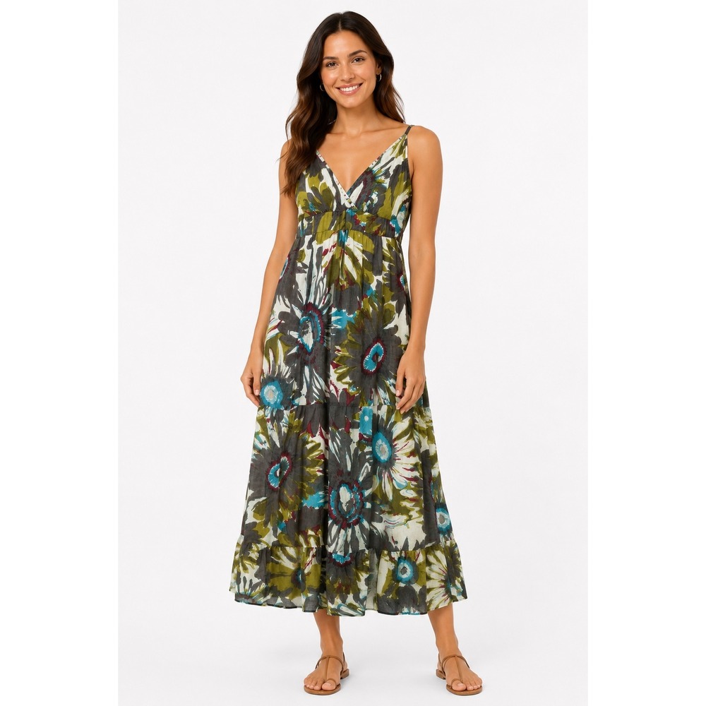 Mlle Gabrielle Floral Sunburst Tiered Maxi Dress Olive Brown Blue Festival ‎ M